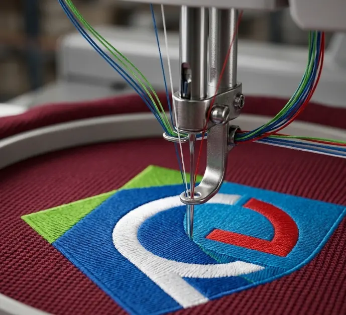 Company logo being embroidered