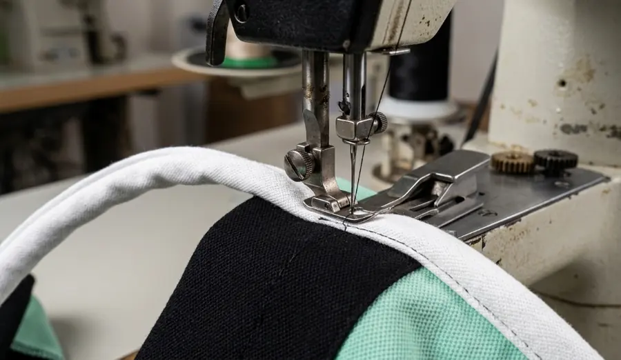 Contrast piping being stitched